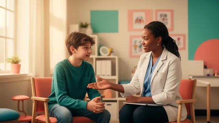 Profissional trabalhando com adolescente em ambiente terapêutico